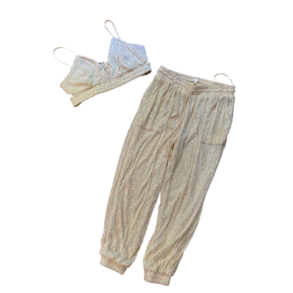 Rosevelvet Pant Set Womens Cream Iridescent Sequin Glam Party SIZE 1X